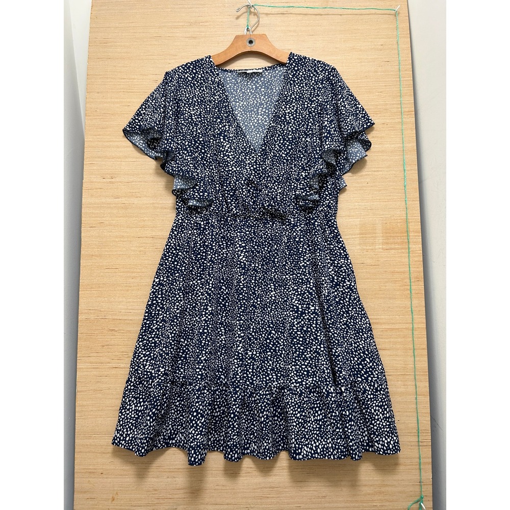 Manydress Navy Blue White Polka Dot V-Neck‎ Flutter Sleeve Mini Dress Pockets L